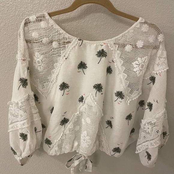Free People Tops - FREE PEOPLE Linen Cotton Crochet White Balloon sleeve Open Tie Back Size…